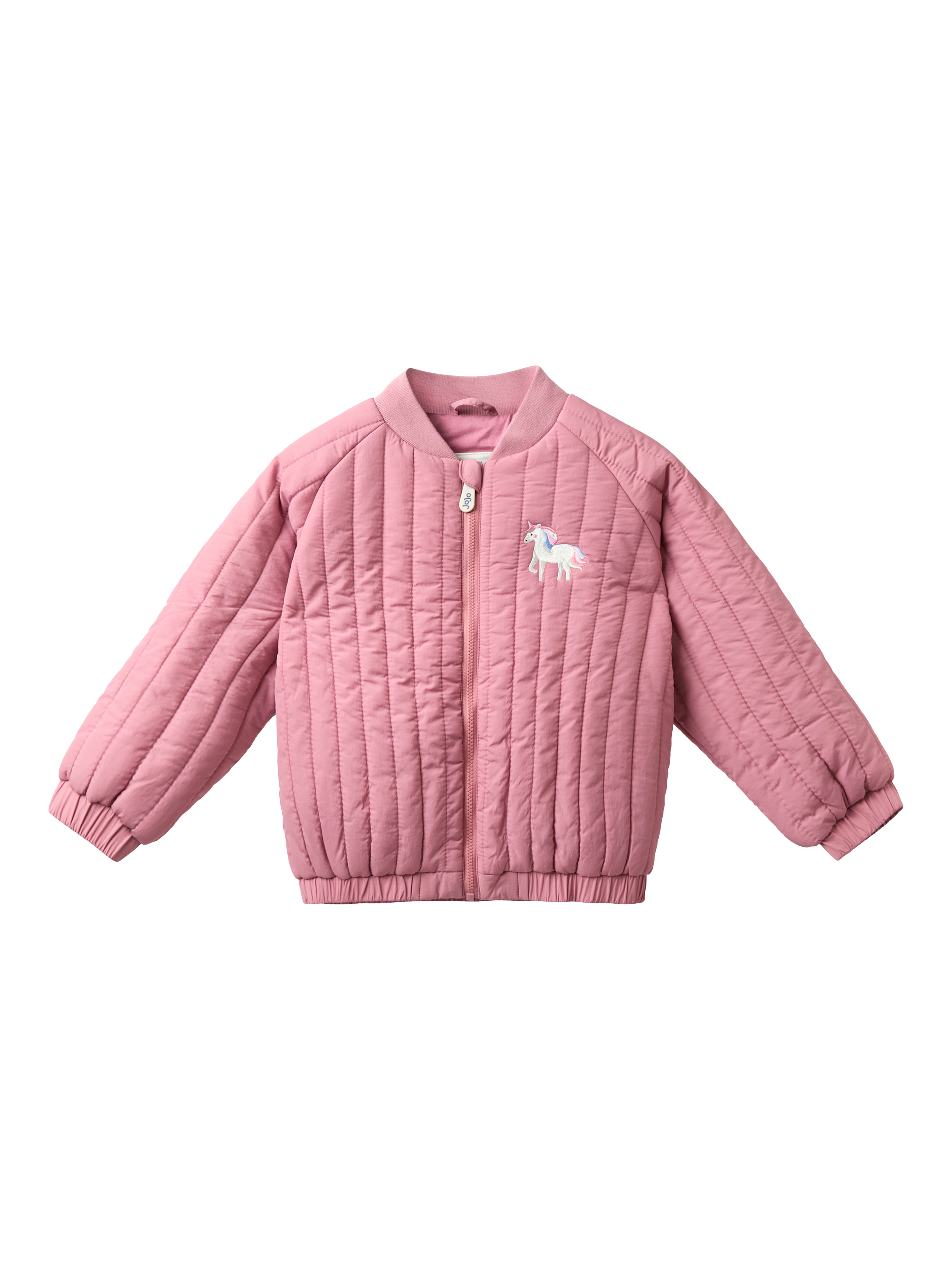 Product image 1 of 5, which shows JoJo Maman Bébé Kids' Quilted Unicorn Bomber Jacket, Pink, 6-12 months