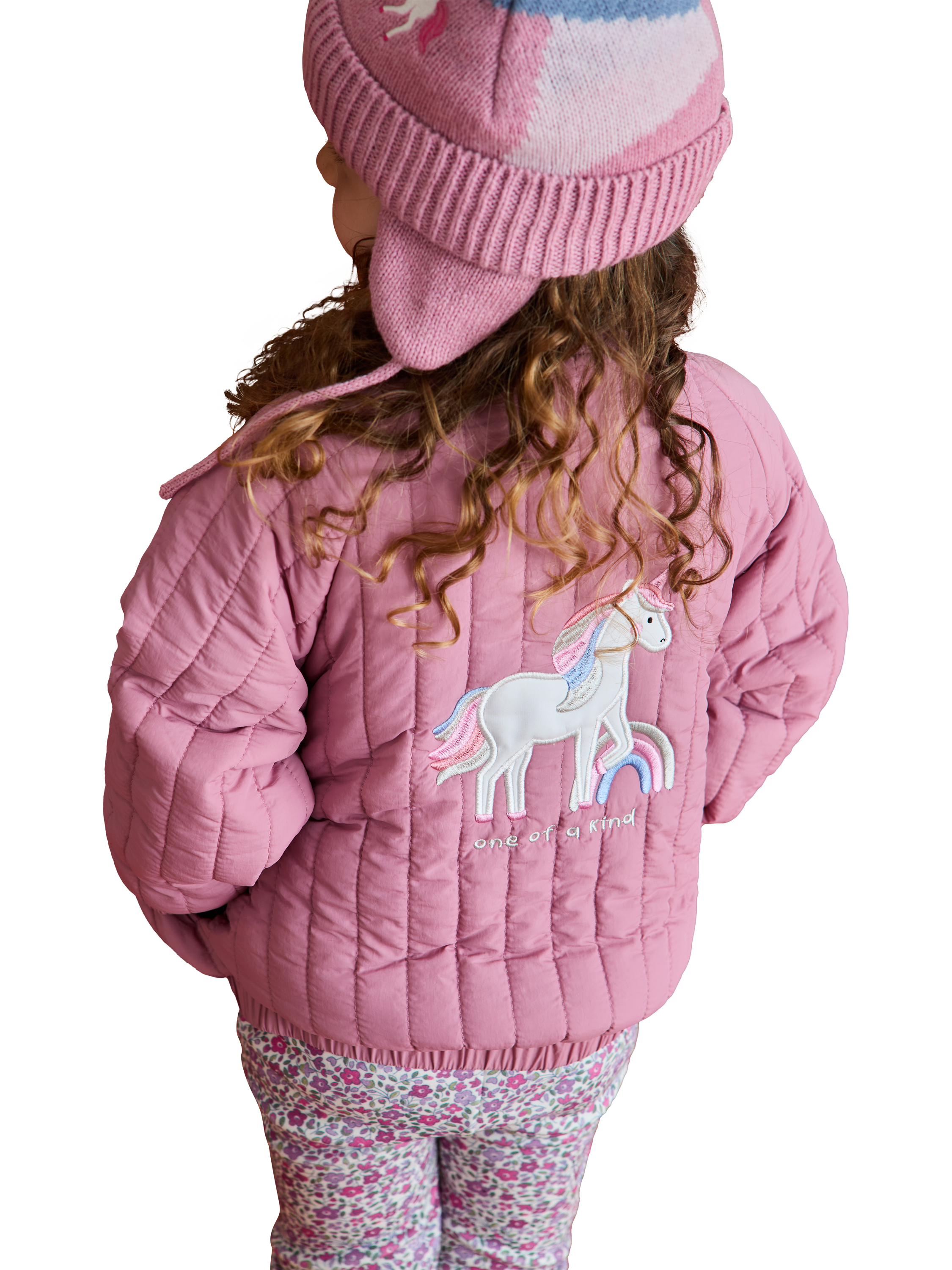 Product image 2 of 5, which shows JoJo Maman Bébé Kids' Quilted Unicorn Bomber Jacket, Pink, 6-12 months