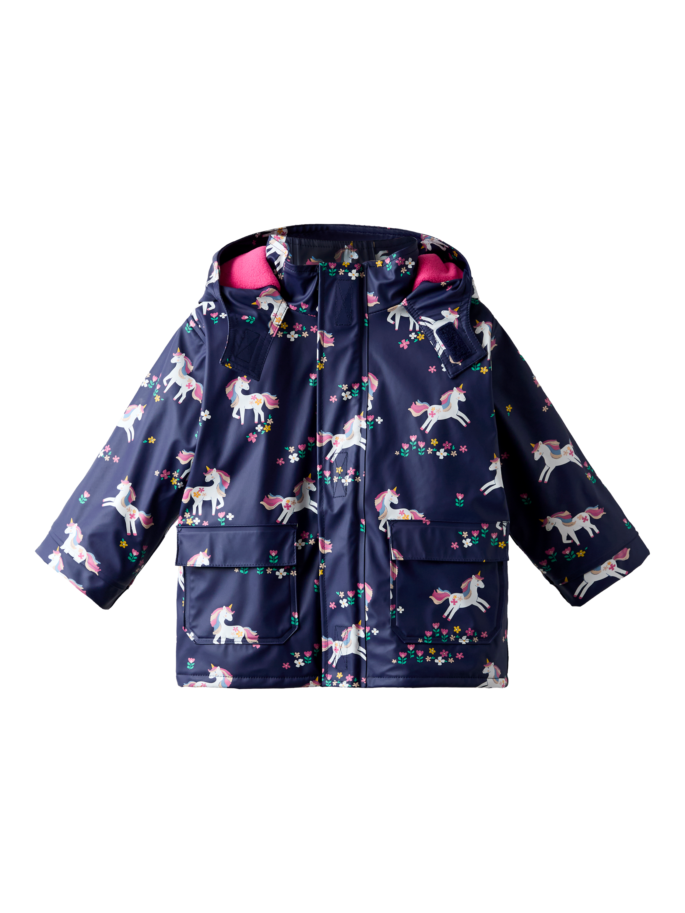 Product image 1 of 6, which shows JoJo Maman Bébé Kids' Unicorn Waterproof Lined Jacket, Navy, 12-18 months