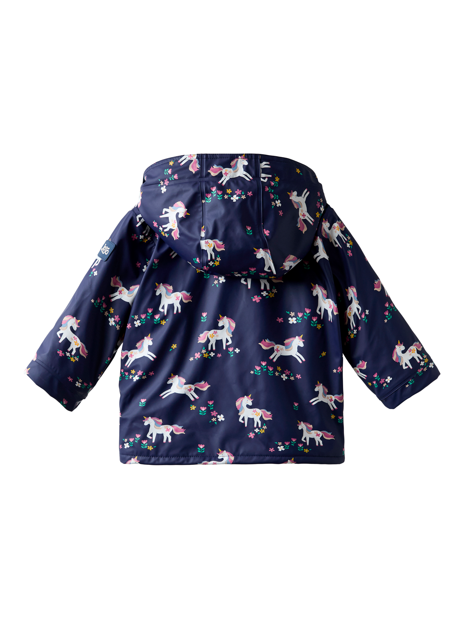 Product image 2 of 6, which shows JoJo Maman Bébé Kids' Unicorn Waterproof Lined Jacket, Navy, 12-18 months