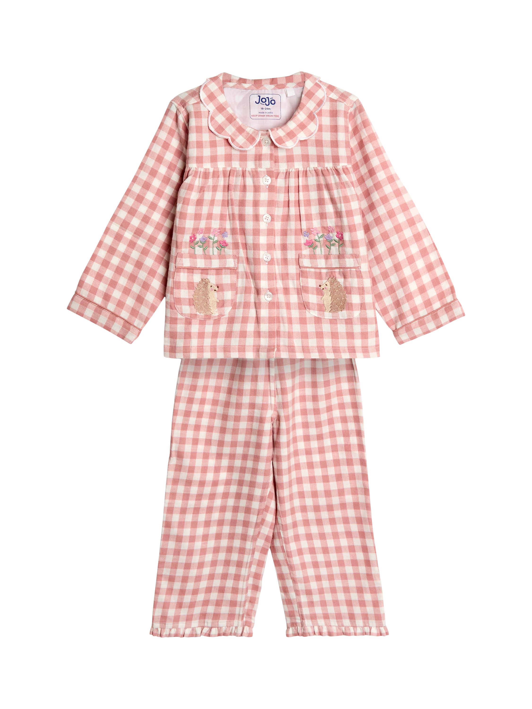 Product image 1 of 6, which shows JoJo Maman Bébé Kids' Cotton Hedgehog Pyjama Set, Pink, 12-18 months