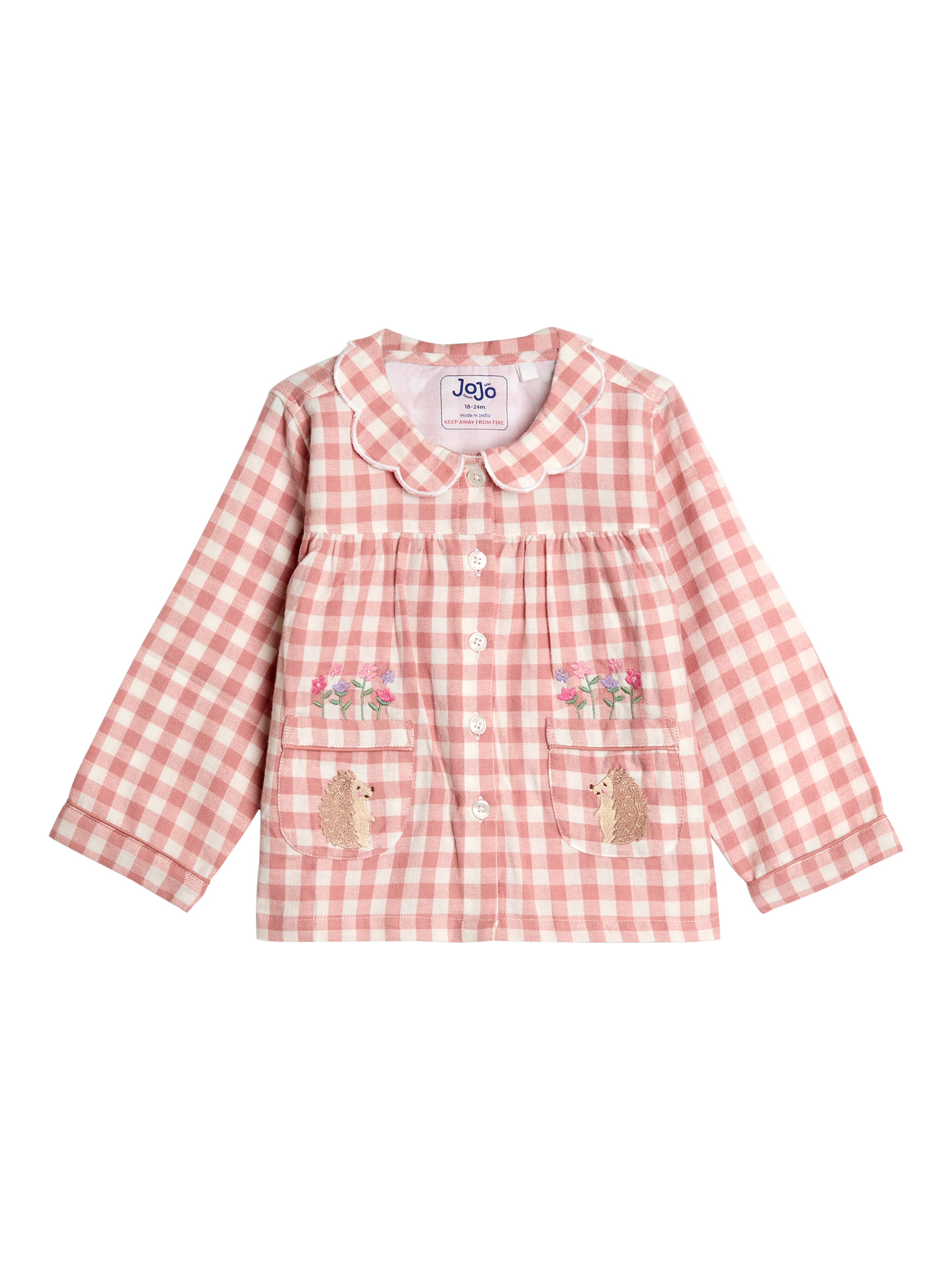 Product image 2 of 6, which shows JoJo Maman Bébé Kids' Cotton Hedgehog Pyjama Set, Pink, 12-18 months
