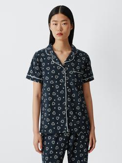 John Lewis Heart Print Pure Cotton Button Down Long Pyjama Set, Navy, Navy