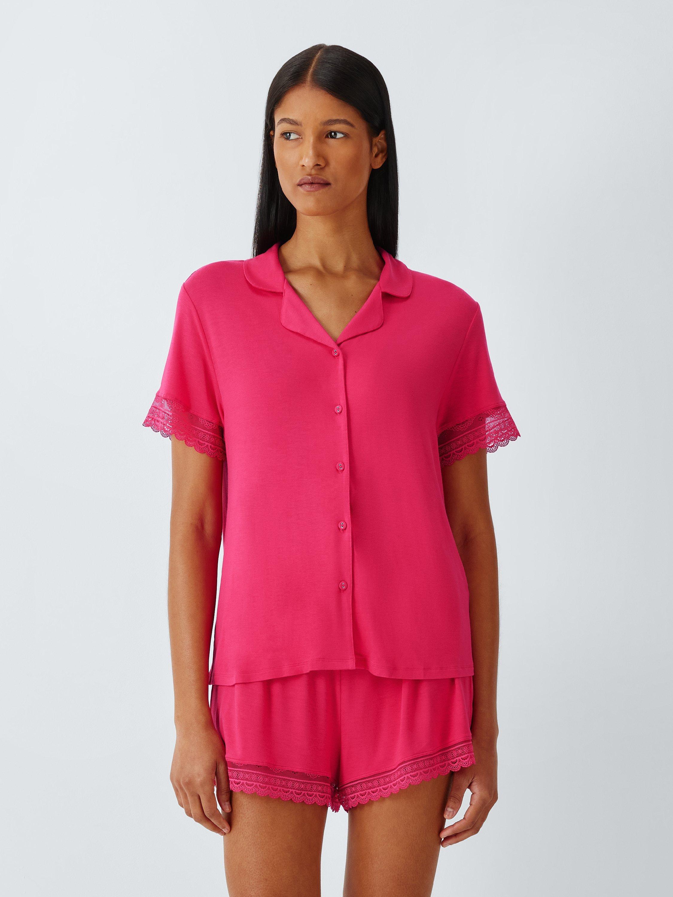 Product image 3 of 6, which shows John Lewis Willow Lace Trim Button Through Short Pyjama Set, Rose Red, 8