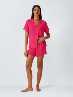 John Lewis Willow Lace Trim Button Through Short Pyjama Set, Rose Red, Rose Red