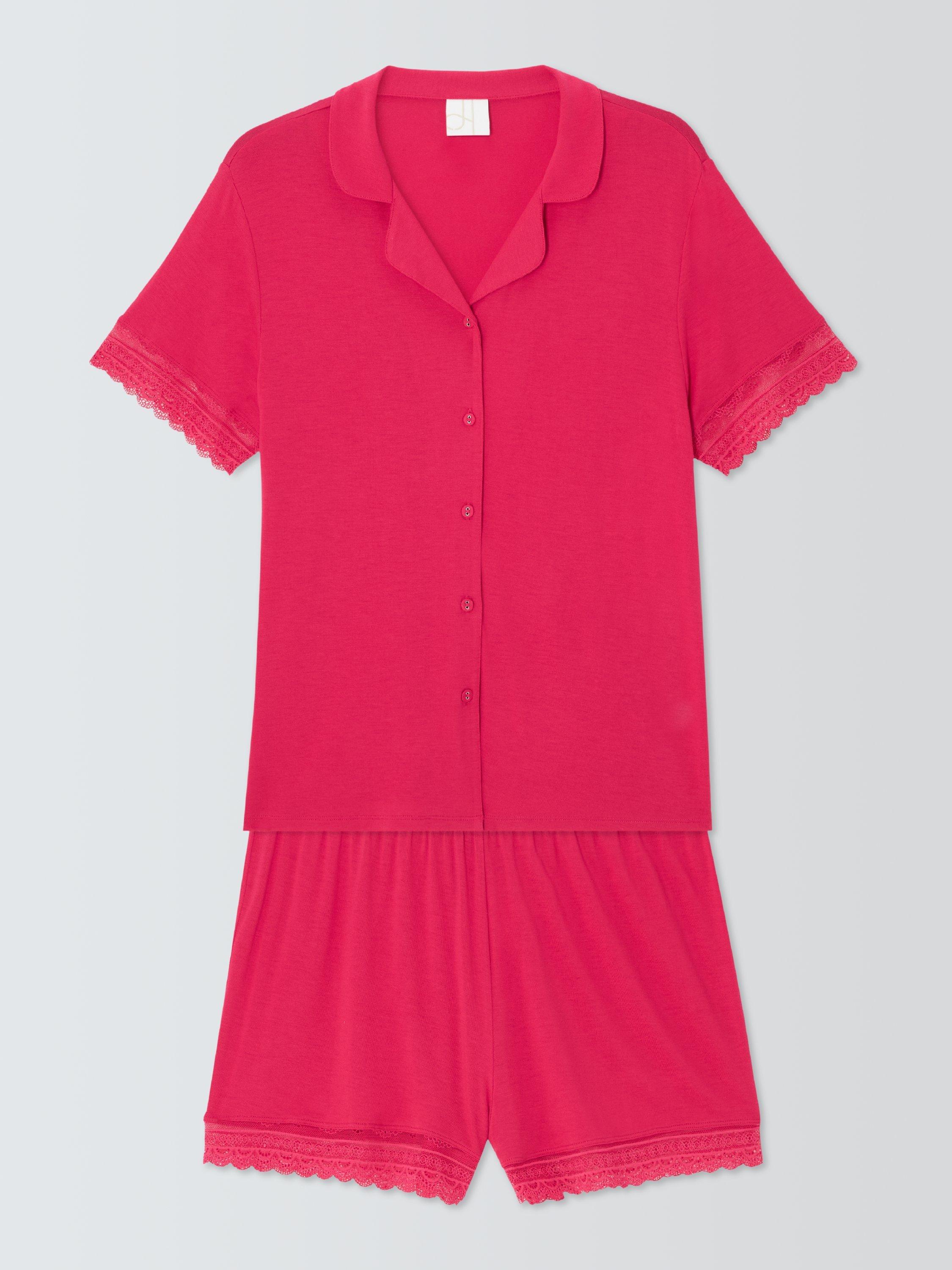 Product image 4 of 6, which shows John Lewis Willow Lace Trim Button Through Short Pyjama Set, Rose Red, 8