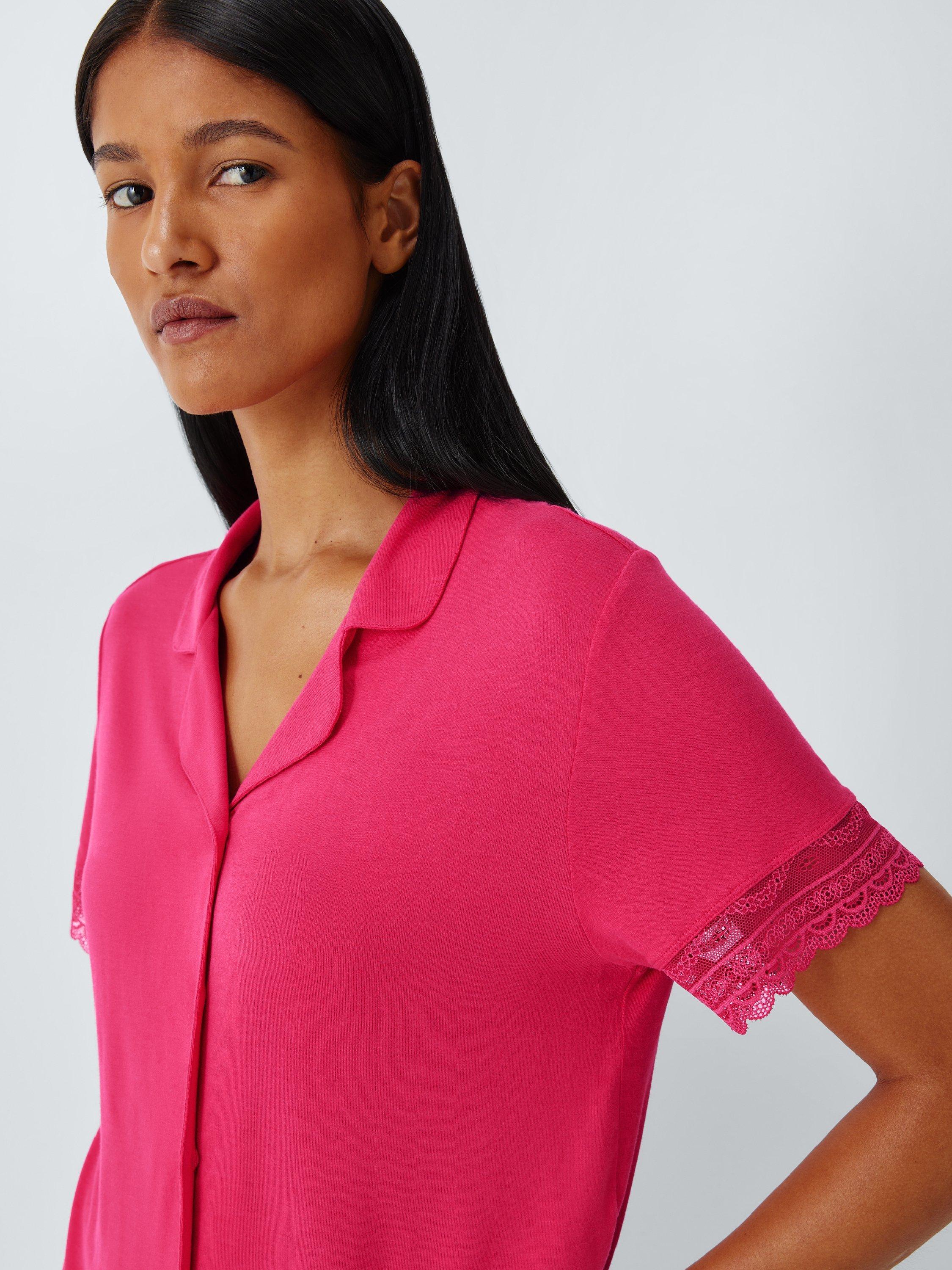 Product image 5 of 6, which shows John Lewis Willow Lace Trim Button Through Short Pyjama Set, Rose Red, 8
