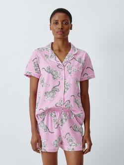 John Lewis Tigers Button Down Short Pyjama Set, Pink Lavender, Pink Lavender