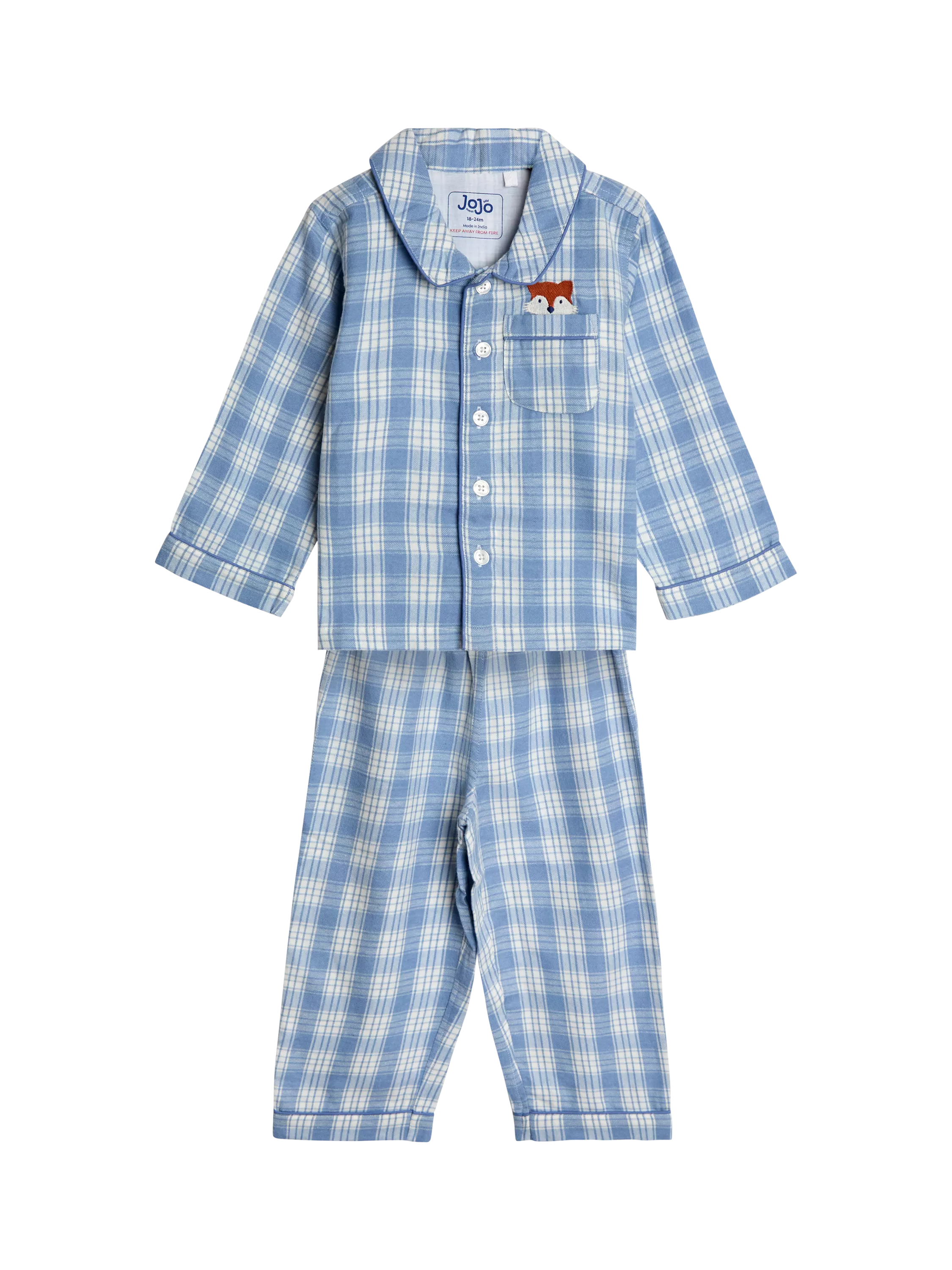 JoJo Maman Bébé Kids' Cotton Checked Fox Pyjamas, Blue