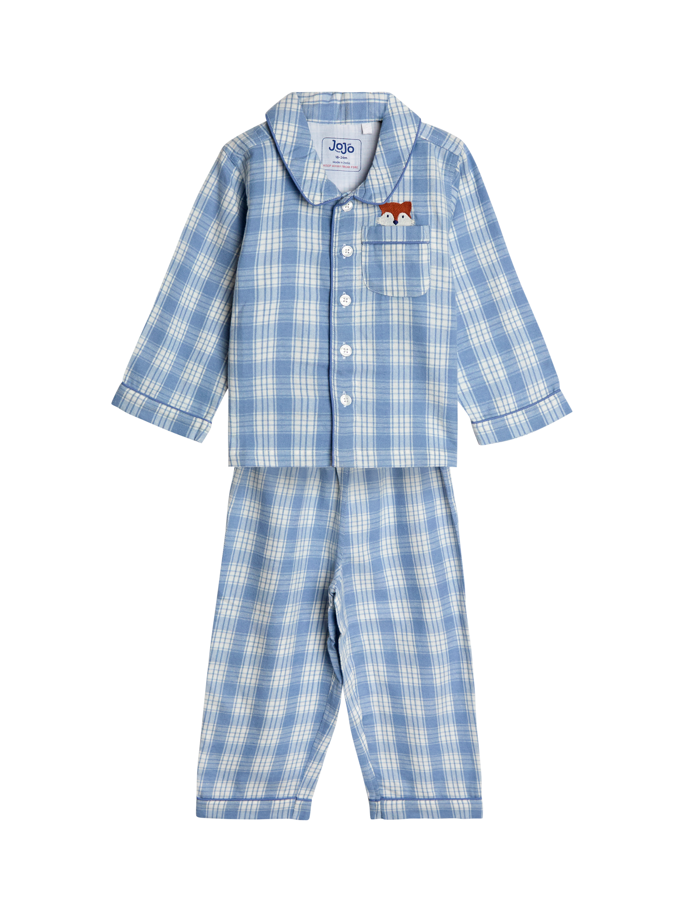 Product image 1 of 6, which shows JoJo Maman Bébé Kids' Cotton Checked Fox Pyjamas, Blue, 12-18 months