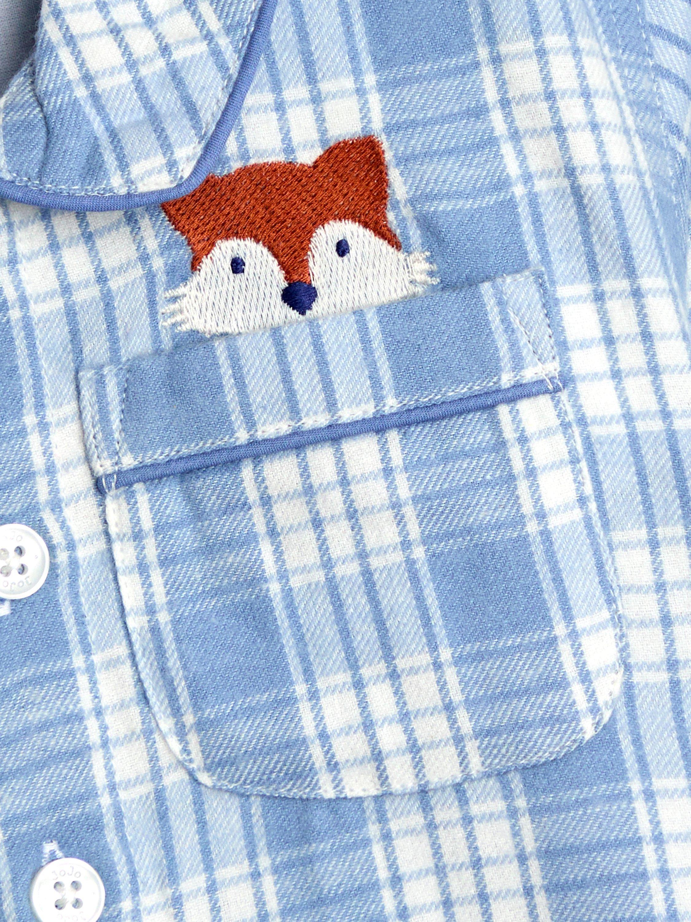 Product image 6 of 6, which shows JoJo Maman Bébé Kids' Cotton Checked Fox Pyjamas, Blue, 12-18 months