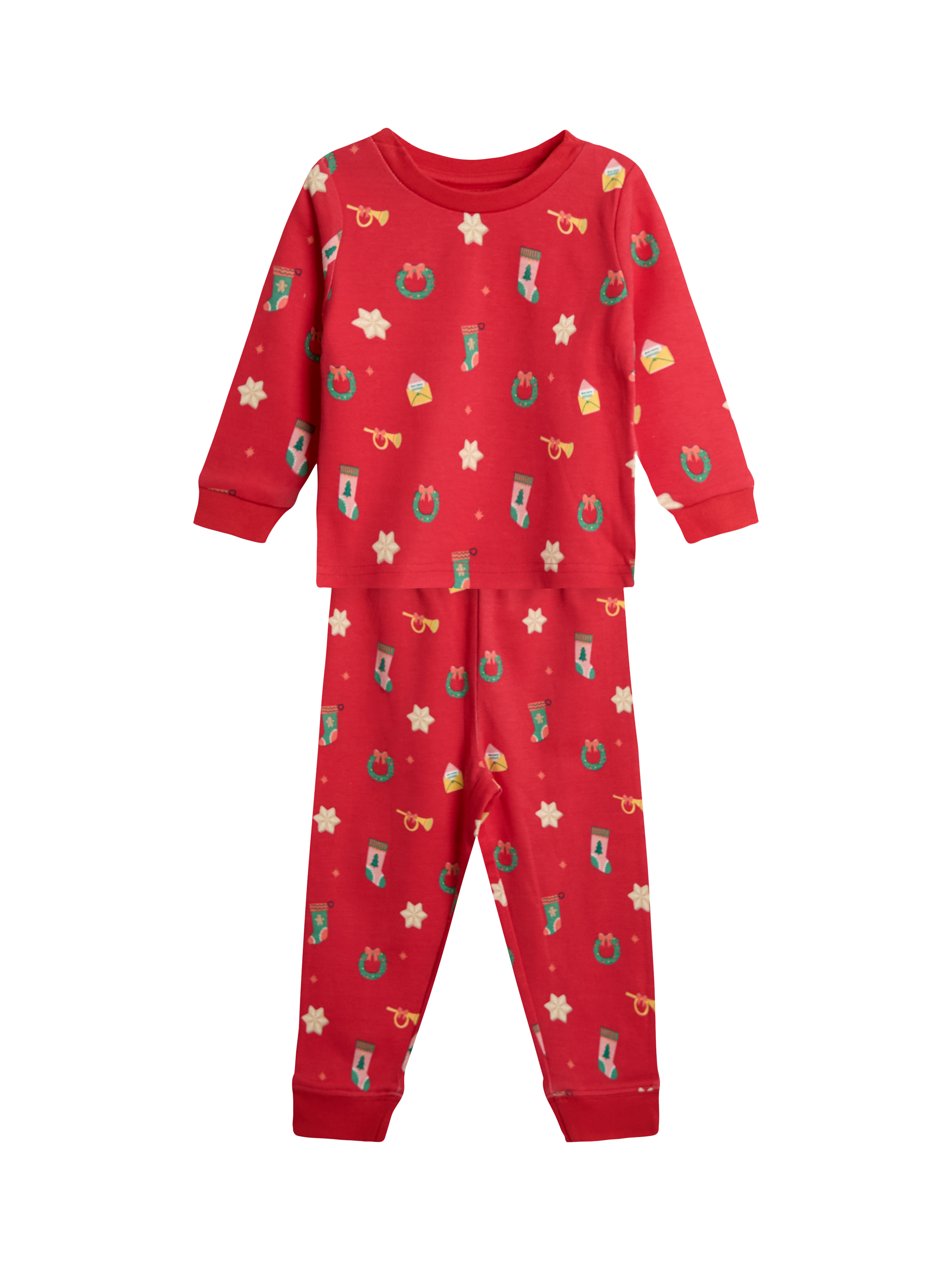 Product image 1 of 5, which shows JoJo Maman Bébé Kids' Christmas Printed Jersey Pyjama Set, Red, 12-18 months