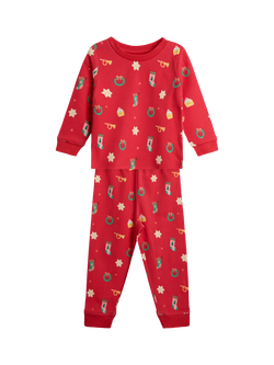 JoJo Maman Bébé Kids' Christmas Printed Jersey Pyjama Set, Red, Red