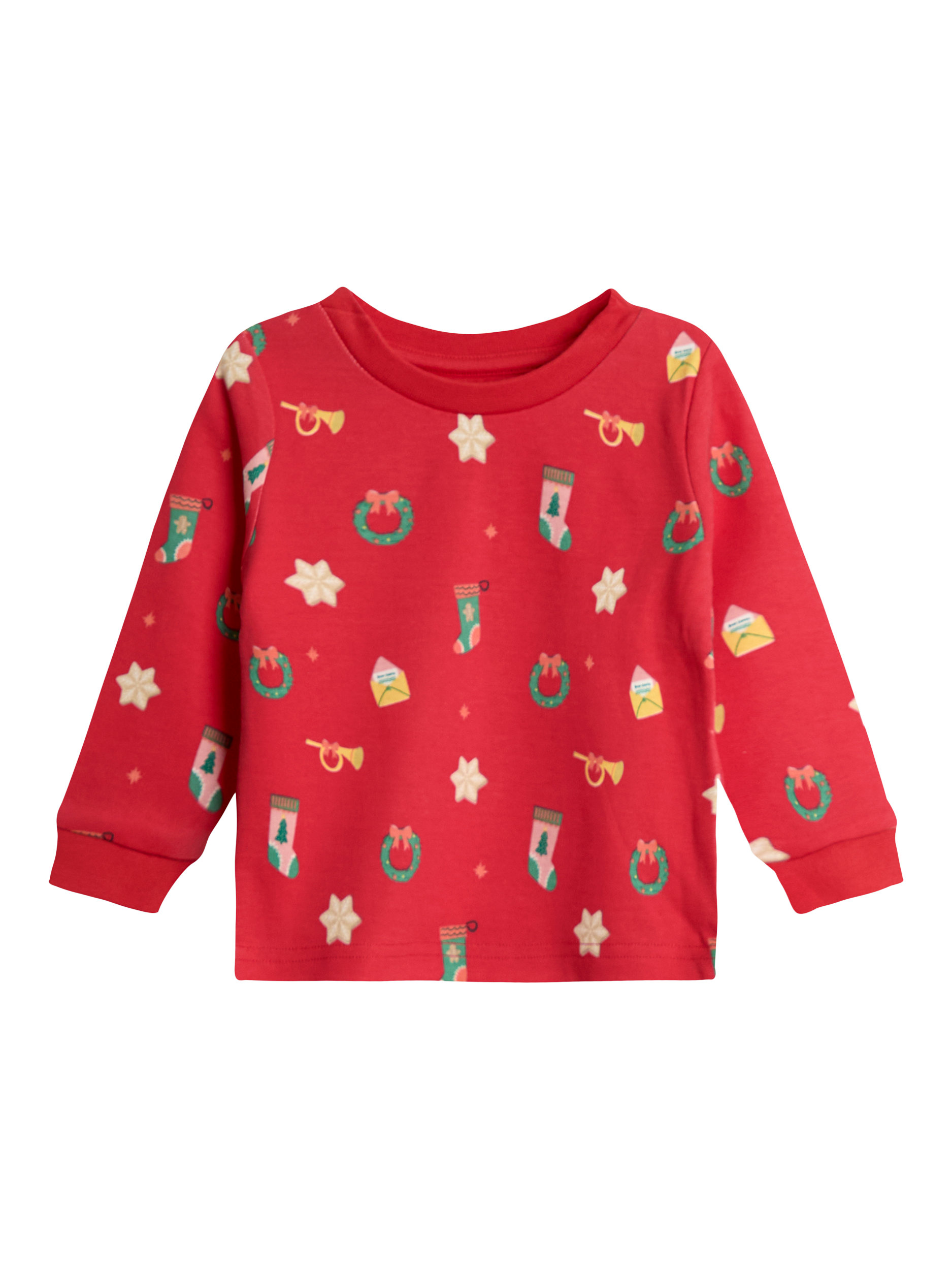 Product image 2 of 5, which shows JoJo Maman Bébé Kids' Christmas Printed Jersey Pyjama Set, Red, 12-18 months