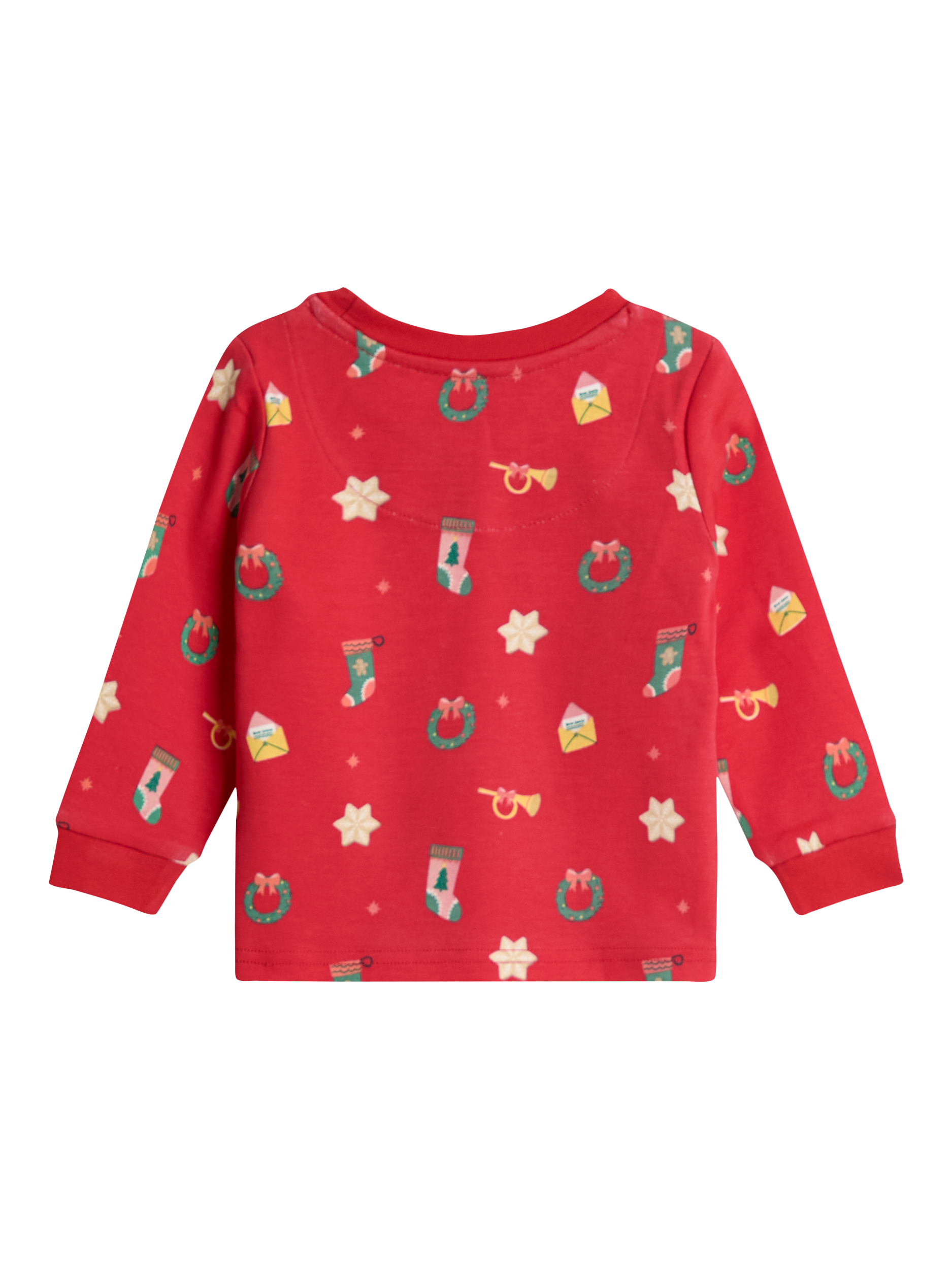 Product image 3 of 5, which shows JoJo Maman Bébé Kids' Christmas Printed Jersey Pyjama Set, Red, 12-18 months