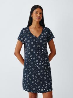 John Lewis Heart Print Pure Cotton Notch Neck Nightdress, Navy, Navy