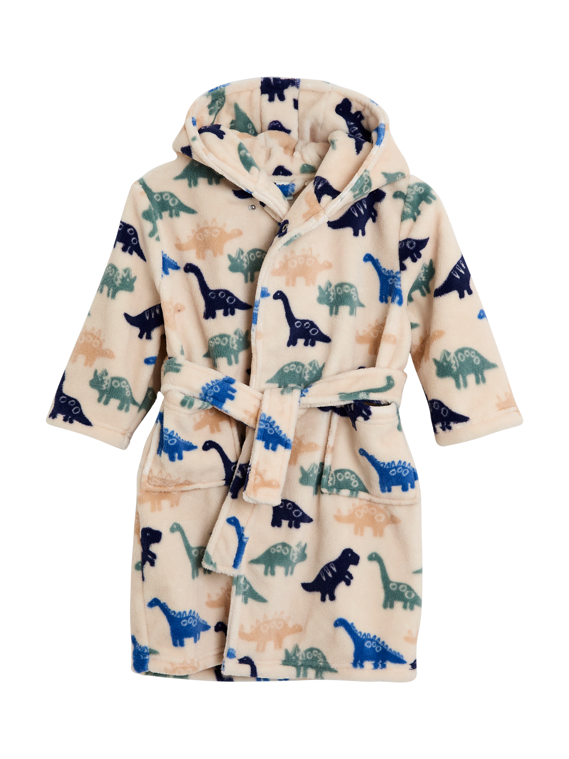 Product image 1 of 3, which shows JoJo Maman Bébé Kids' Dinosaur Printed Dressing Gown, Stone, 1-2 years