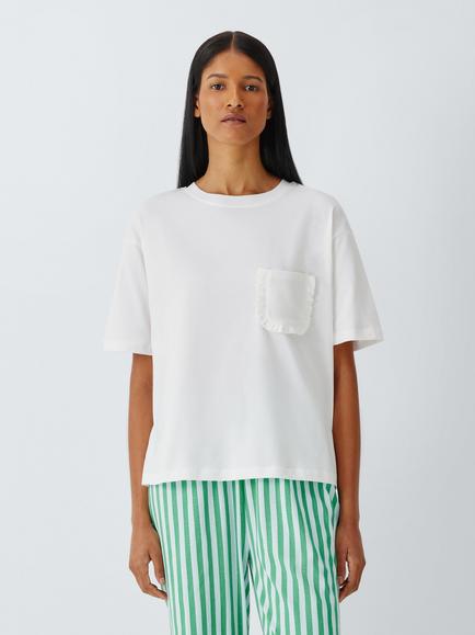 John Lewis Frill Pocket Jersey Long Pyjama Set, Green/Aqua, Green/Aqua