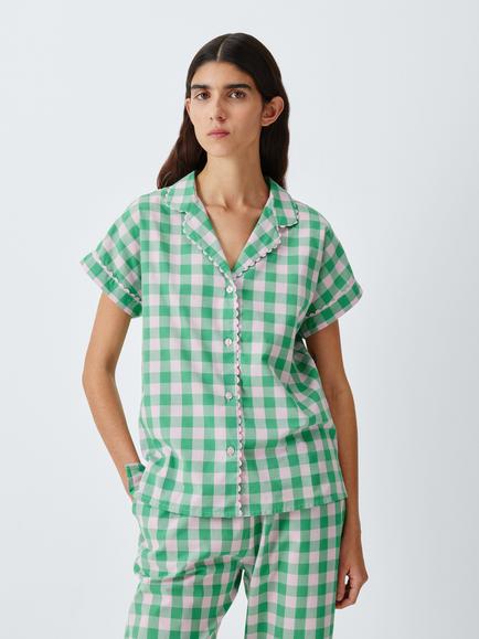 John Lewis Mix & Match Ric Rac Gingham Pure Cotton Pyjama Shirt, Pink/Green, Pink/Green