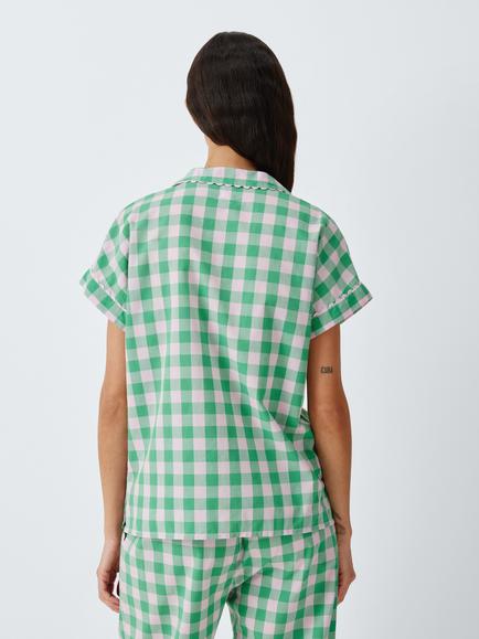 John Lewis Mix & Match Ric Rac Gingham Pure Cotton Pyjama Shirt, Pink/Green - view 2, Pink/Green
