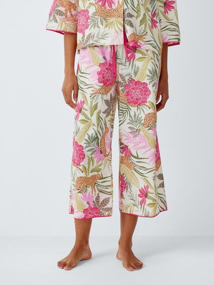 John Lewis Mix & Match Tropical Cat Pure Cotton Pyjama Bottoms, White, White