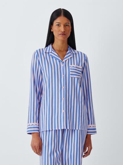 John Lewis Ric Rac Pure Cotton Stripe Button Through Long Pyjama Set, Pink/Blue, Pink/Blue