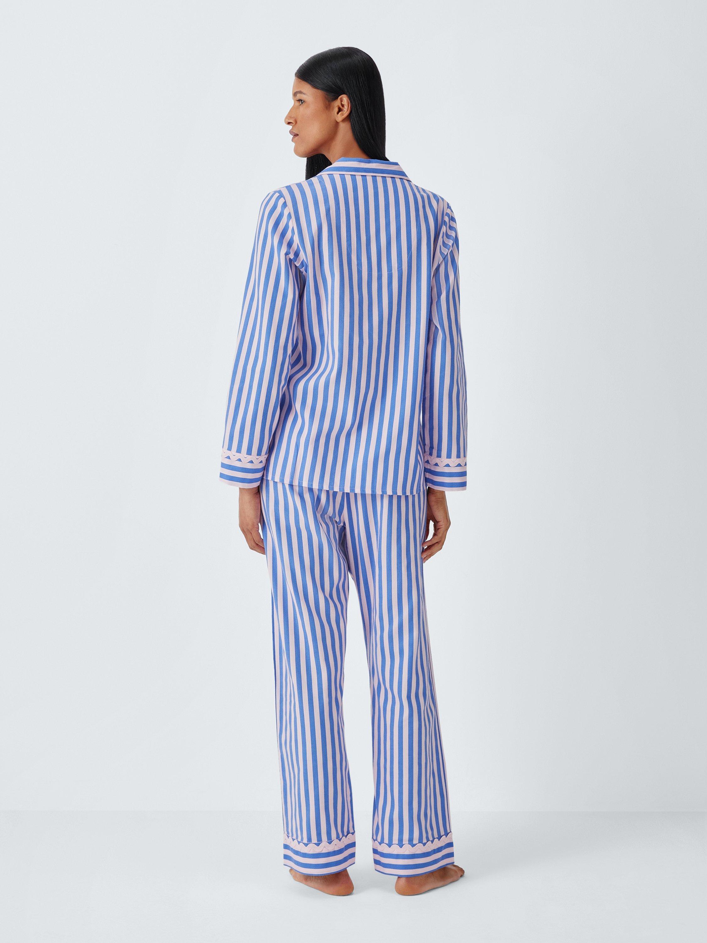 Product image 2 of 6, which shows John Lewis Ric Rac Stripe Button Through Long Pyjama Set, Pink/Blue, 8
