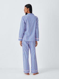 John Lewis Ric Rac Pure Cotton Stripe Button Through Long Pyjama Set, Pink/Blue - view 2, Pink/Blue