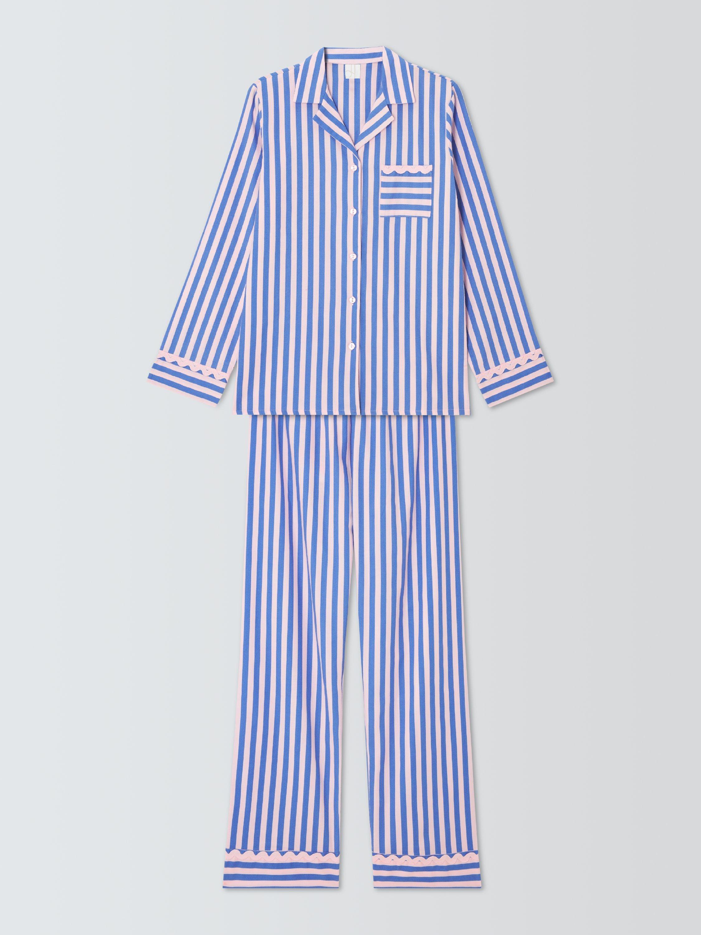 Product image 4 of 6, which shows John Lewis Ric Rac Stripe Button Through Long Pyjama Set, Pink/Blue, 8