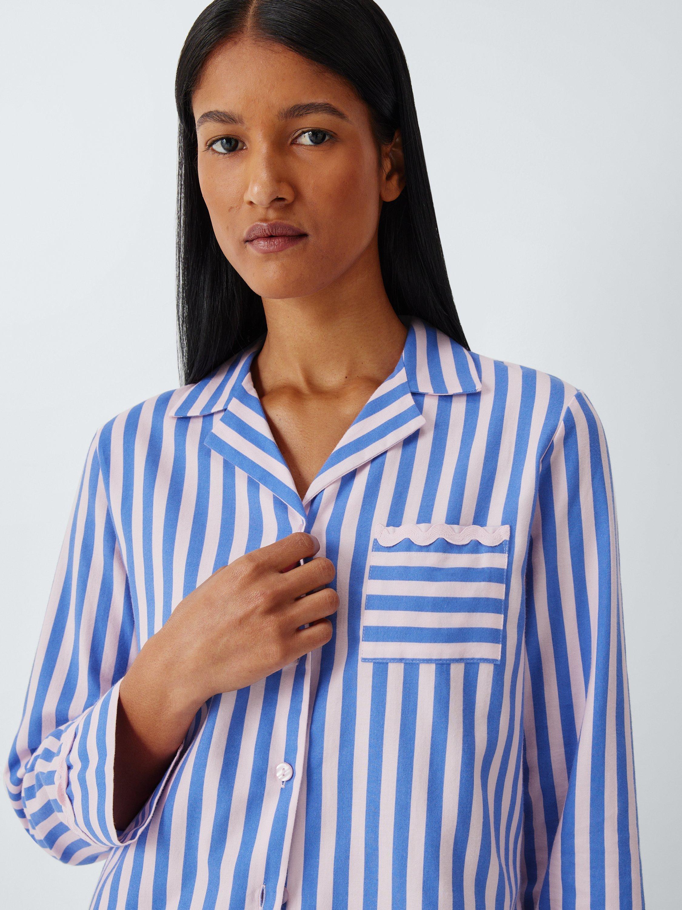 Product image 5 of 6, which shows John Lewis Ric Rac Stripe Button Through Long Pyjama Set, Pink/Blue, 8