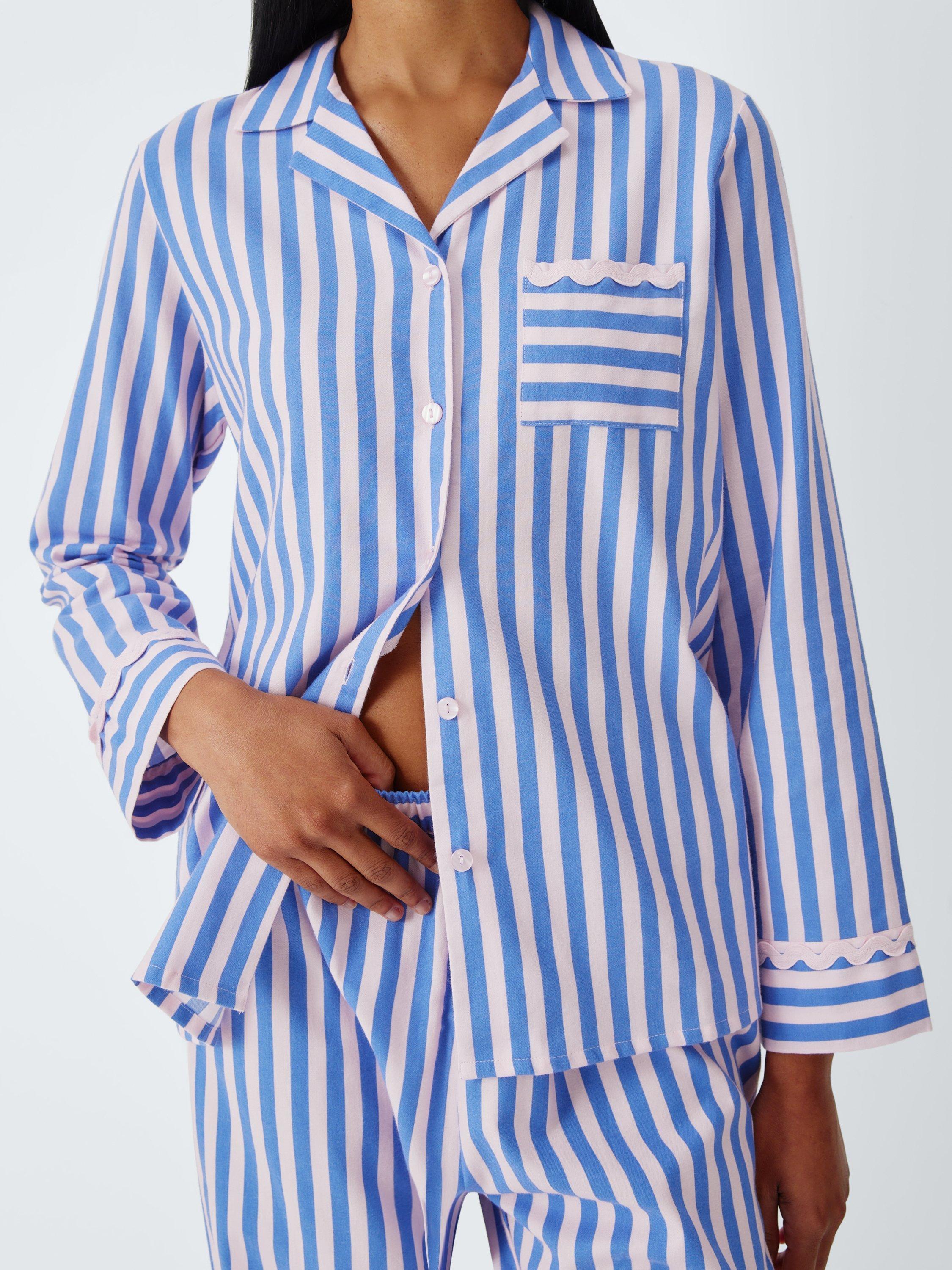 Product image 6 of 6, which shows John Lewis Ric Rac Stripe Button Through Long Pyjama Set, Pink/Blue, 8