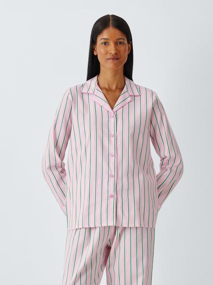 John Lewis Stripe Pure Cotton Button Through Long Pyjama Set, Pink/Green, Pink/Green