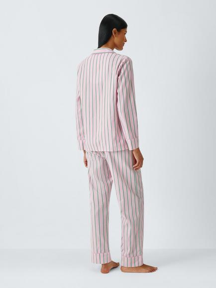 John Lewis Stripe Pure Cotton Button Through Long Pyjama Set, Pink/Green - view 2, Pink/Green