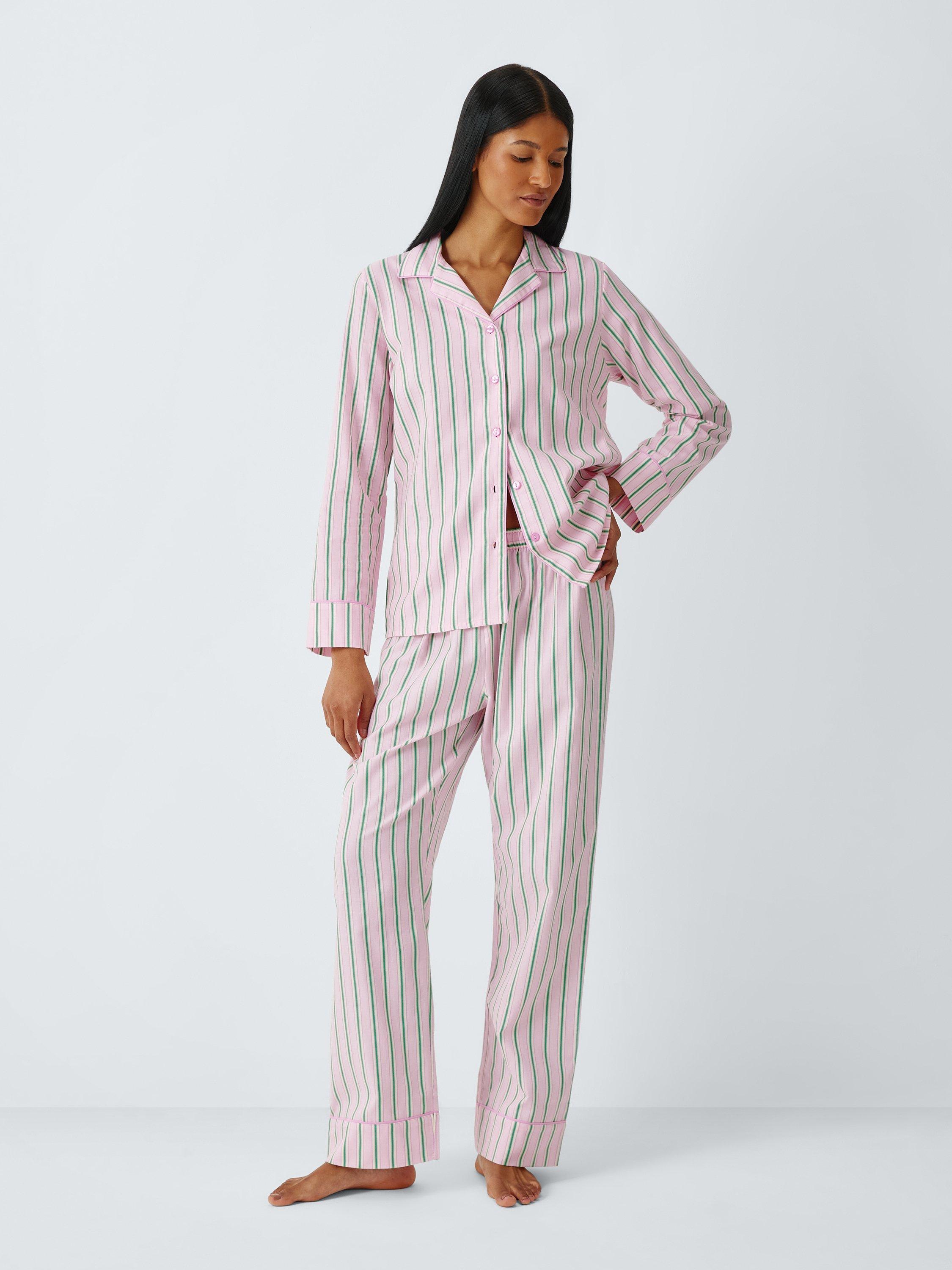 Product image 3 of 6, which shows John Lewis Stripe Button Through Long Pyjama Set, Pink/Green, 8