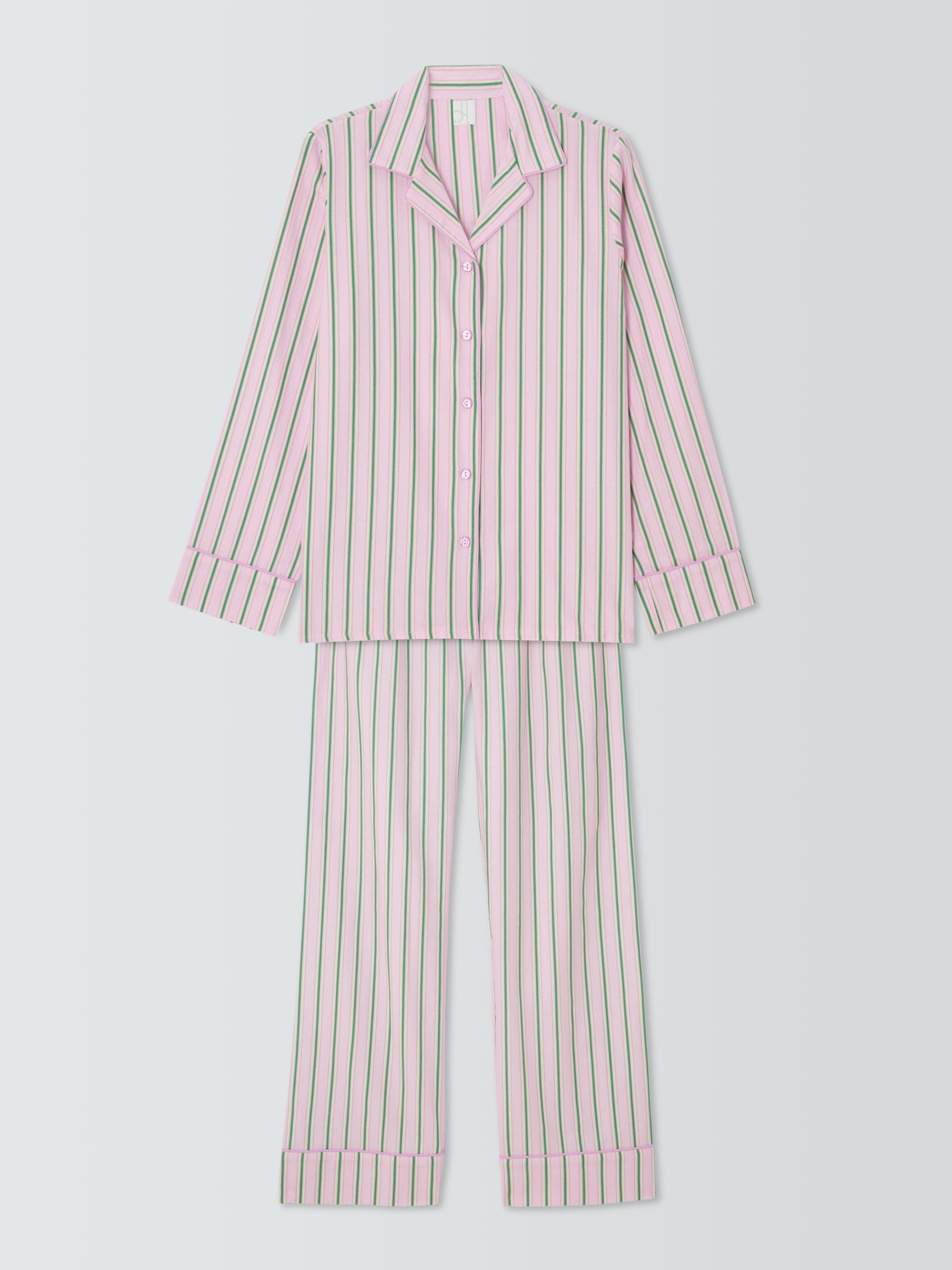 Product image 4 of 6, which shows John Lewis Stripe Button Through Long Pyjama Set, Pink/Green, 8