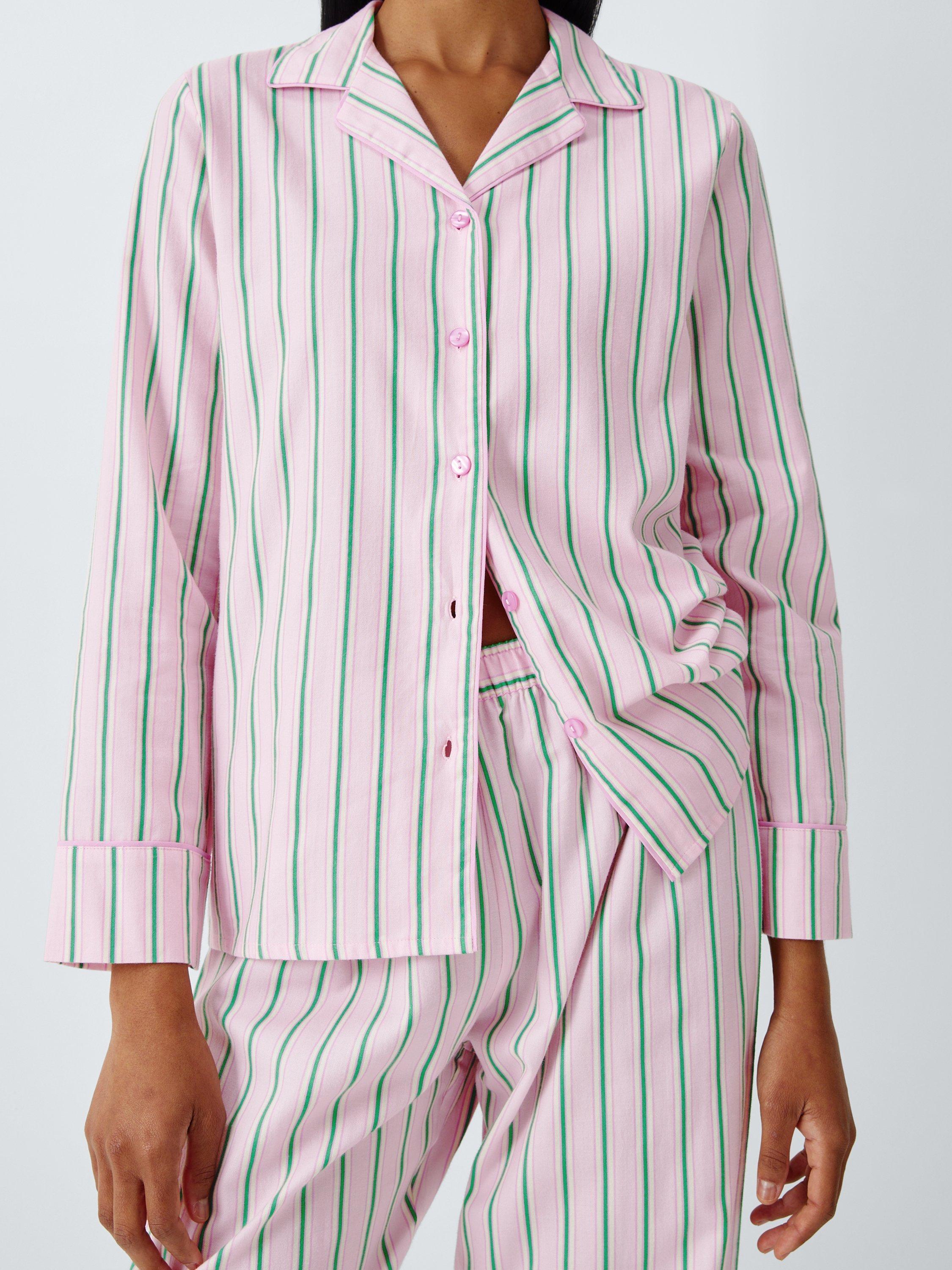 Product image 6 of 6, which shows John Lewis Stripe Button Through Long Pyjama Set, Pink/Green, 8