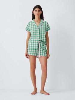 John Lewis Mix & Match Gingham Pure Cotton Ric Rac Pyjama Shorts, Pink/Green, Pink/Green