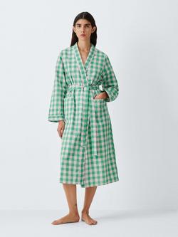 John Lewis Ric Rac Gingham Pure Cotton Dressing Gown, Pink/Green, Pink/Green