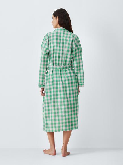 John Lewis Ric Rac Gingham Pure Cotton Dressing Gown, Pink/Green - view 2, Pink/Green