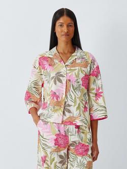 John Lewis Mix & Match Tropical Cat Pure Cotton Pyjama Shirt, White, White