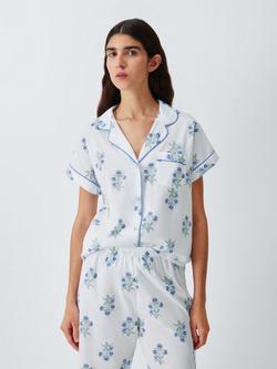 John Lewis Stamped Floral Pure Cotton Button Through Cropped Pyjama Set, White, White