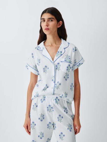 John Lewis Stamped Floral Pure Cotton Button Through Cropped Pyjama Set, White, White