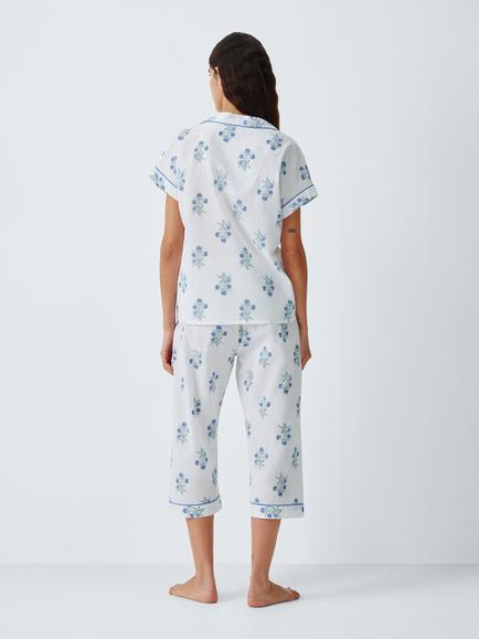 John Lewis Stamped Floral Pure Cotton Button Through Cropped Pyjama Set, White - view 2, White