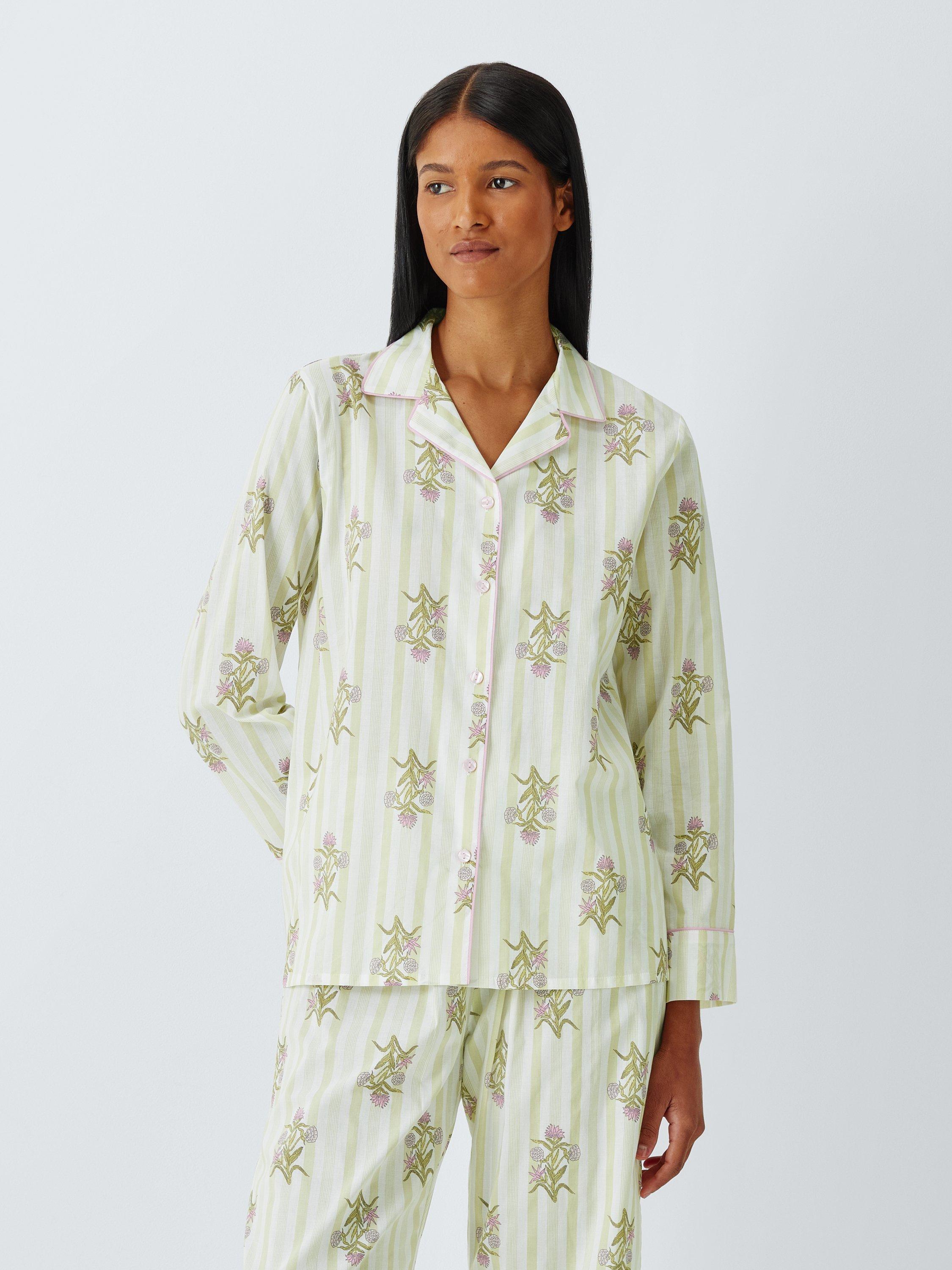 Product image 1 of 6, which shows John Lewis Floral Stripe Button Through Long Pyjama Set, Green/Pink, 8