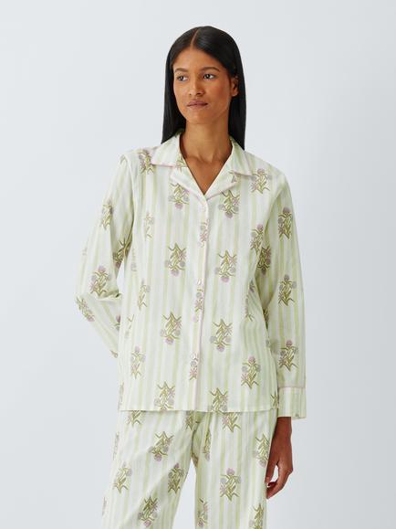 John Lewis Floral Stripe Pure Cotton Pyjama Set, Green/Pink, Green/Pink