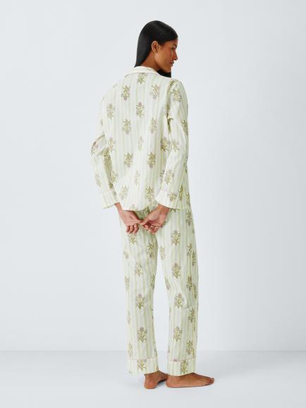 John Lewis Floral Stripe Pure Cotton Pyjama Set, Green/Pink - view 2, Green/Pink