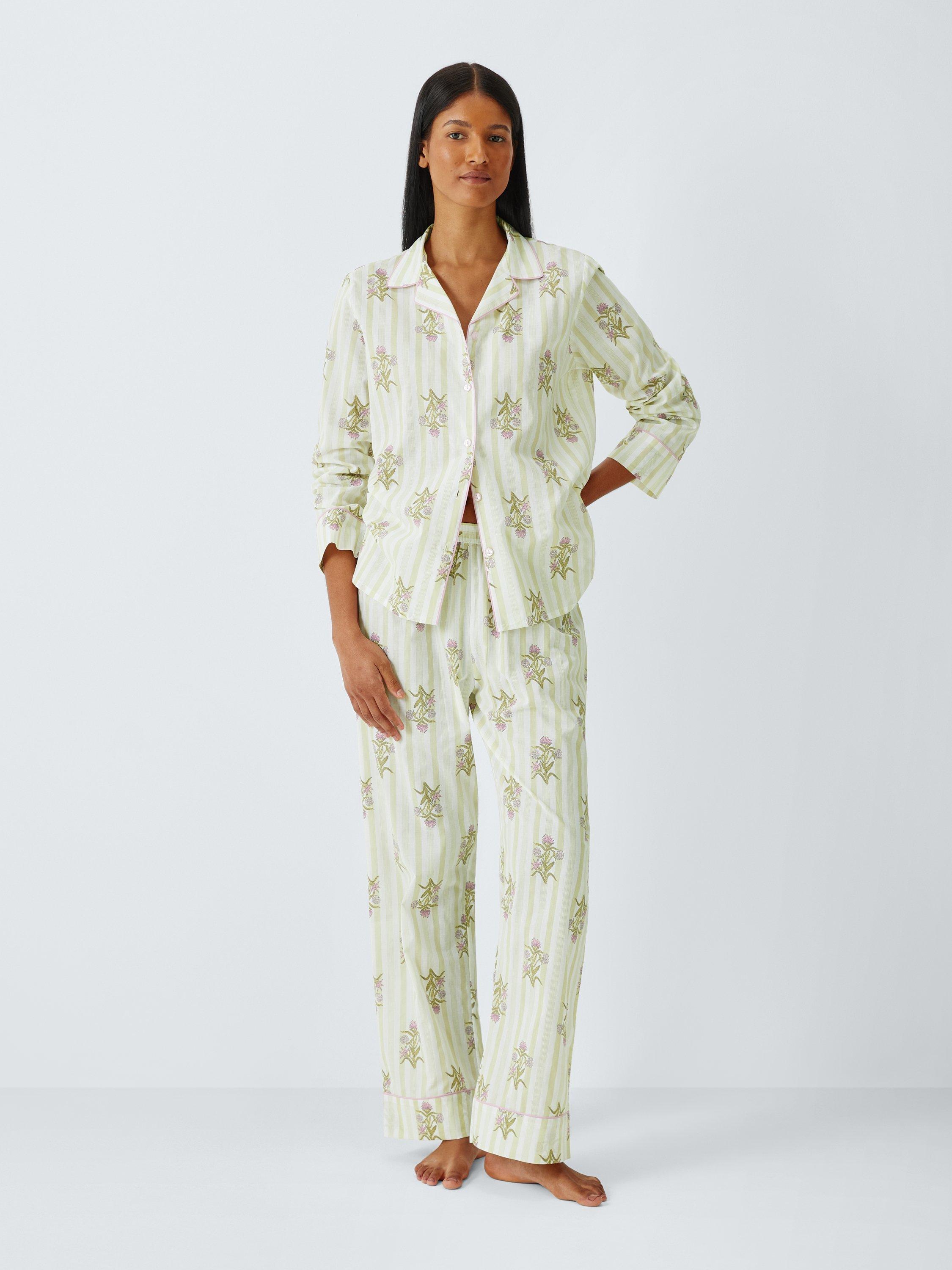 Product image 3 of 6, which shows John Lewis Floral Stripe Button Through Long Pyjama Set, Green/Pink, 8