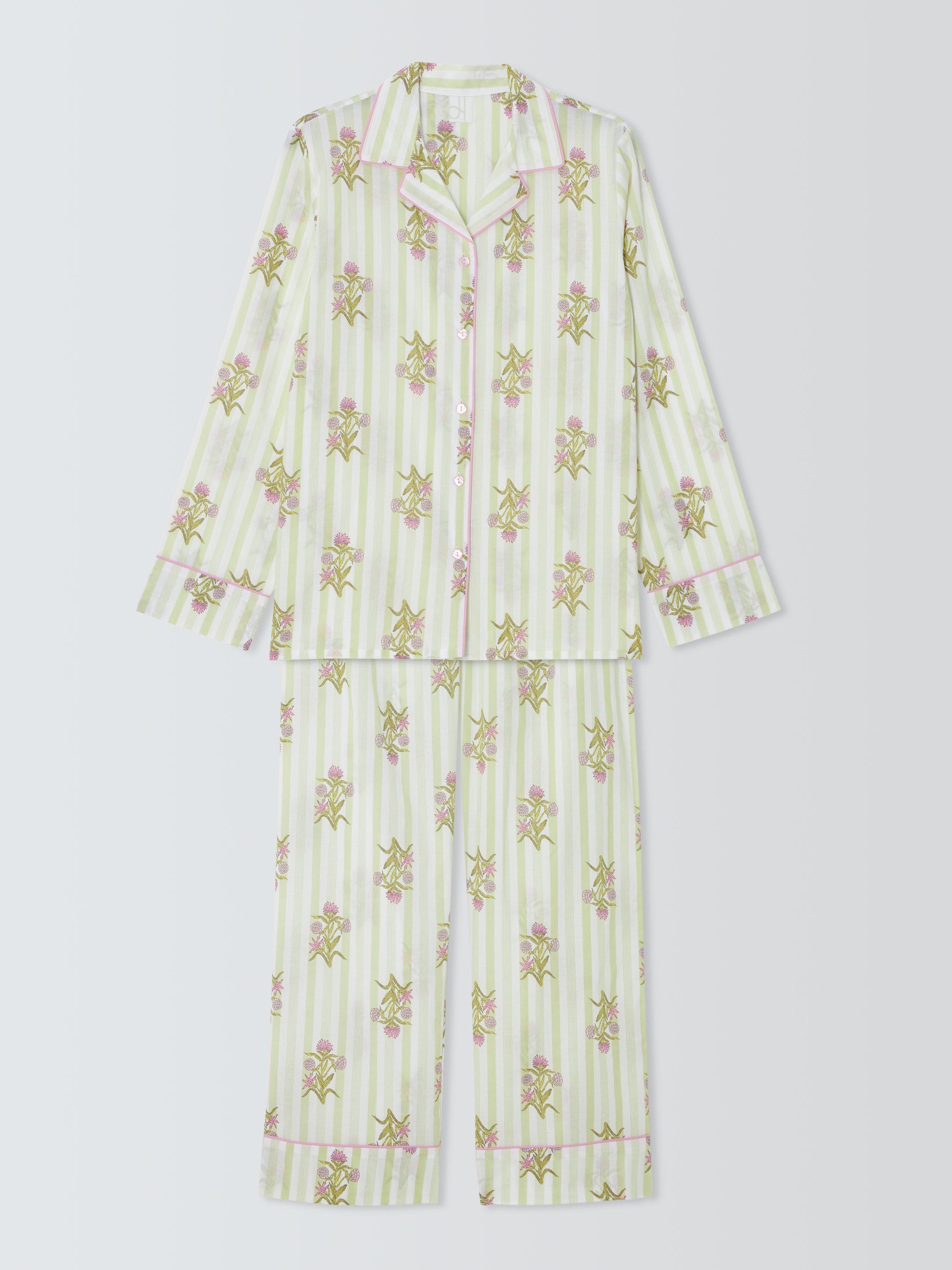 Product image 4 of 6, which shows John Lewis Floral Stripe Button Through Long Pyjama Set, Green/Pink, 8