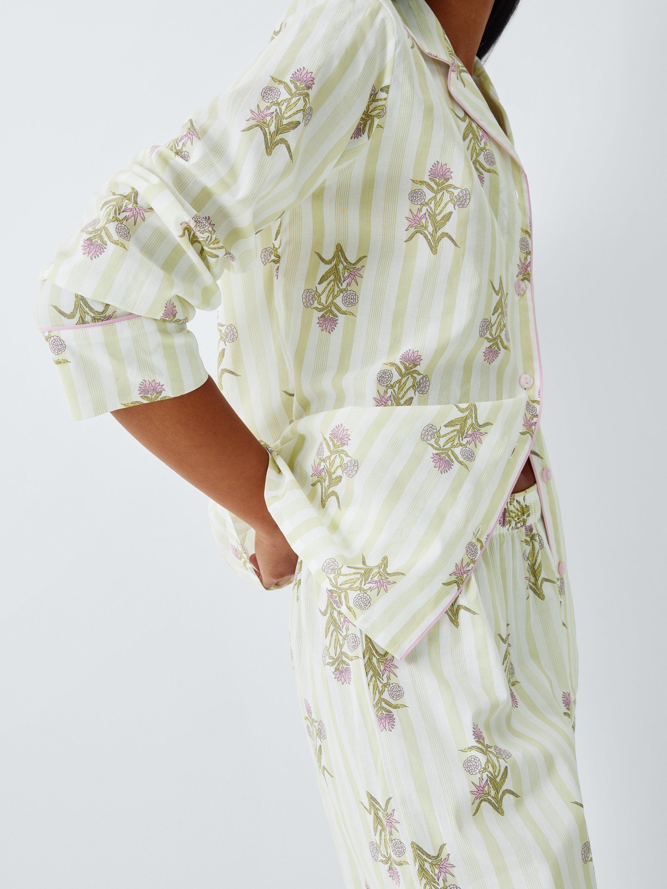 Product image 5 of 6, which shows John Lewis Floral Stripe Button Through Long Pyjama Set, Green/Pink, 8