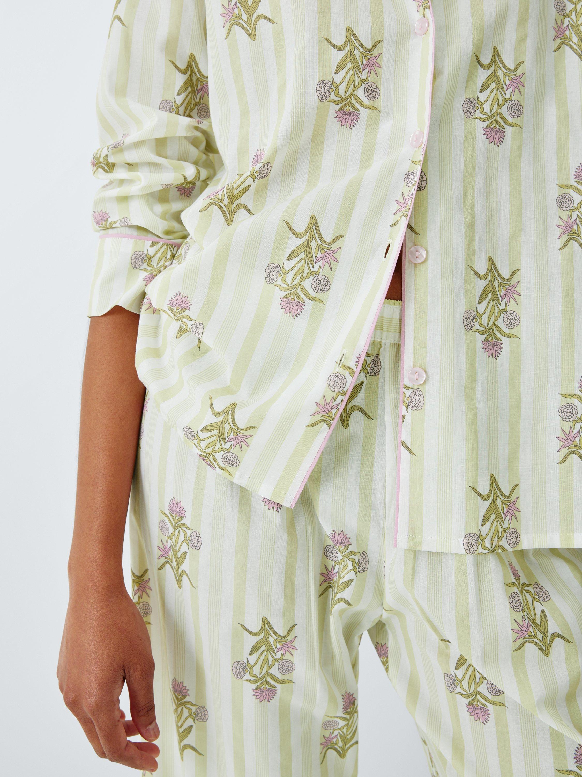 Product image 6 of 6, which shows John Lewis Floral Stripe Button Through Long Pyjama Set, Green/Pink, 8